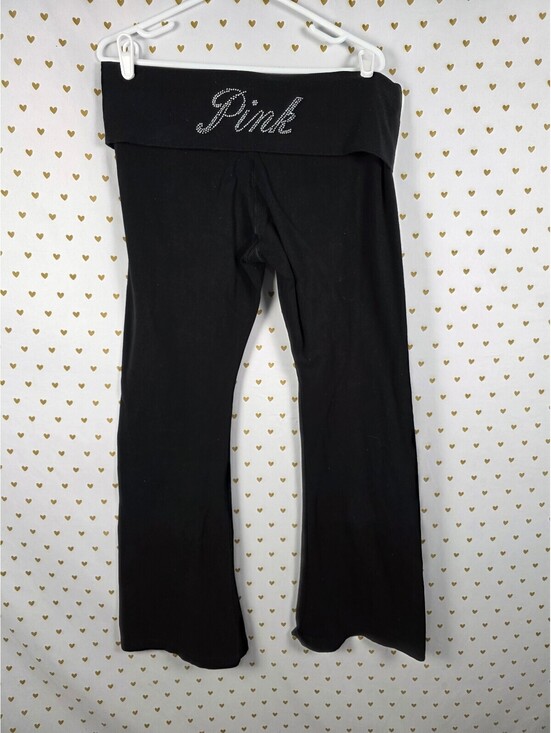 PINK Victoria's Secret Pants - Victorias Secret PINK Studded Bling Logo XL Foldover Flare Yoga Pants